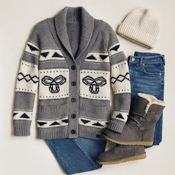 TNA 100% Lambswool Shawl Collar Cardigan Grey Cream Womens Size XS - Picture 10 of 10